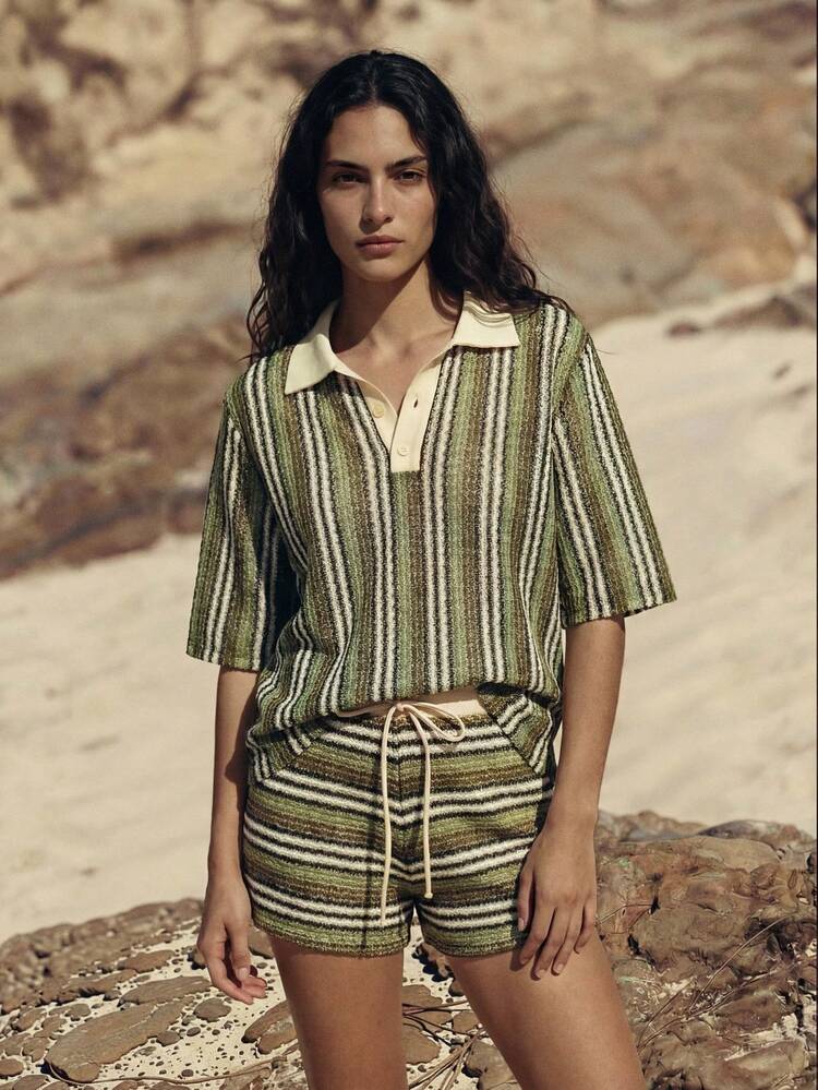 SHEIN Maija Women's Striped Short Sleeve Polo Neck Cover Up,Vacation Outfits Women,Summer Holiday Outfits ,Beach Vacation Outfits For Women Ibiza Olive Green Cruise Outfit For Women Resort Wear Women S Summer Outfits Cover Ups For Swimwear