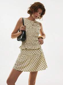 Poéselle Women's 2ps Retro Polka-Dot Smocked Peplum Tank & A-Line Mini Skirt Co-Ord Set – Playful Summer Brunch & Vacation Look Polka Dot Two Piece Set, Smocked Top, Mini Skirt Outfit, Summer Co-Ord, Retro Polka Style, Vacation Matching Set, Playful Brunch Look Polka Dot Print Pleated Sleeveless Top And Skort Casual Suit Women's Summer Set  Beach Set Vacation Outfits Women Polka Dot Set - Apricot - View 8