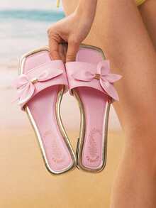 Swim Mod 新款女士平底凉鞋，方头设计，蝴蝶结装饰，轻便舒适，可随意搭配，套脚式，休闲度假沙滩拖鞋 - 粉色 - 查看 2