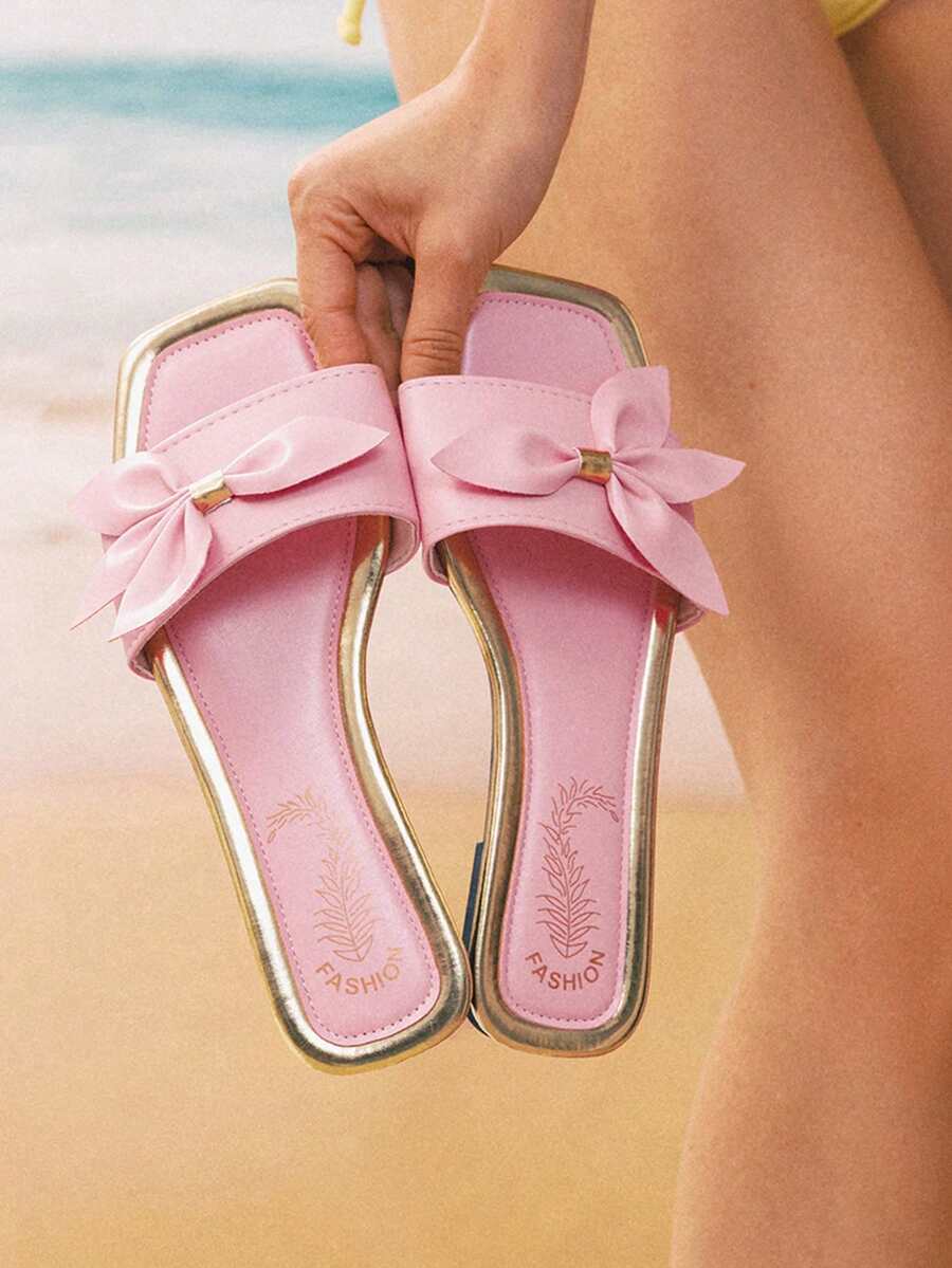 Swim Mod 新款女士平底凉鞋，方头设计，蝴蝶结装饰，轻便舒适，可随意搭配，套脚式，休闲度假沙滩拖鞋