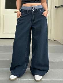 Dazy Plus 大码女式休闲宽松直筒撞色腰部装饰牛仔裤，四季皆宜 - 深色水洗藍 - 查看 6