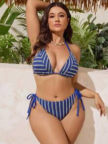 Swim Vcay 2026新款夏季沙滩度假三角杯系带休闲度假加大码女式泳衣套装 - 藍色 - 查看 4