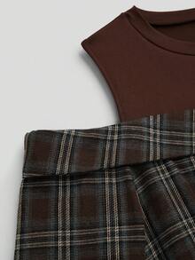 Sweetra Blusa de mujer de talla grande con diseño de hombros descubiertos, parches y lazos, en estilo a cuadros de otoño - Marrón - Ver 9