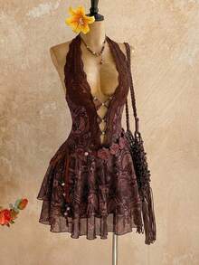 Soleia 女士度假风腰果印花撞色蕾丝深V领性感迷你连衣裙，夏季连衣裙，度假连衣裙，波西米亚风女装，复古女装 - 棕色 - 查看 3