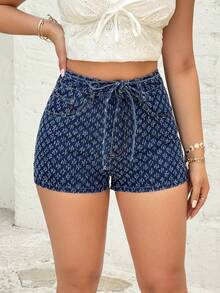 Rivivi Women's Casual Washed Textured Fitted Denim Shorts, Summer - Dark Wash - View 4