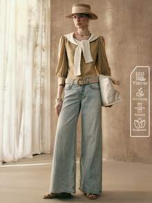 Revavyn Áo sơ mi nữ kẻ sọc dáng ôm, cổ chữ V, tay phồng xếp ly và vai thẳng. Thích hợp mặc hàng ngày và đi làm. Tay áo dài 9/10, áo mùa hè/xuân. - Màu Khaki - Xem 2