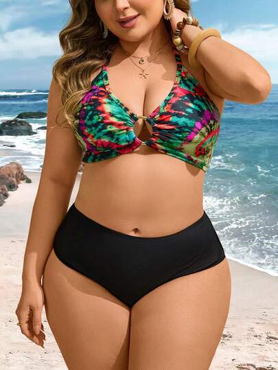 Swim Mod 大码女士扎染印花露背挂脖沙滩度假性感比基尼上衣
