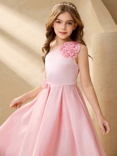 女童碎花连衣裙，优雅派对礼服，高品质缎面公主裙