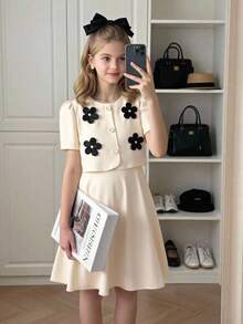 SHEIN 2pcs/Set Tween Girls Spring/Summer New Elegant Woven Textured Floral Decor Cropped Jacket And Woven Camisole Waist Tie Dress Set, Suitable For Daily Wear, Party, Banquet - Apricot - View 4