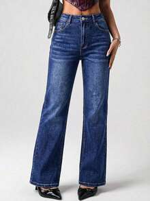 SHEIN ICON Damen Lässig Loose Straight Leg Jeans mit Taschen - Blau - Übersicht 1