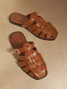 Rosivie 女鞋 女士编织纯色PU搭扣设计日常百搭平底凉鞋 - 棕色 - 查看 1