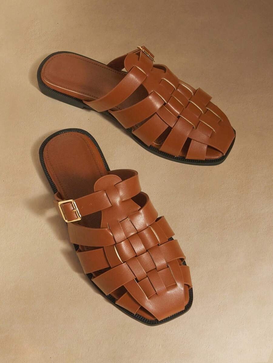 Rosivie 女鞋 女士编织纯色PU搭扣设计日常百搭平底凉鞋 - 棕色 - 查看 1