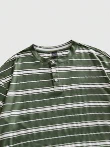 ROMWE MEN Prep Men's Striped Print Casual Versatile Short Sleeve Henley T-Shirt - Green - View 9