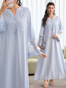 Al Najma Spring/Summer Fashion V-Neck Flare Sleeve Patchwork 3D Embroidery Ruffle Hem Robe Islamic Dresses Abaya For Women Modest Dress Dress With Lace Sleeves - Baby Blue - View 5