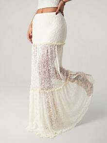 SHEIN ICON 低腰超大喇叭蕾丝拼接裙 - 白色 - 查看 3