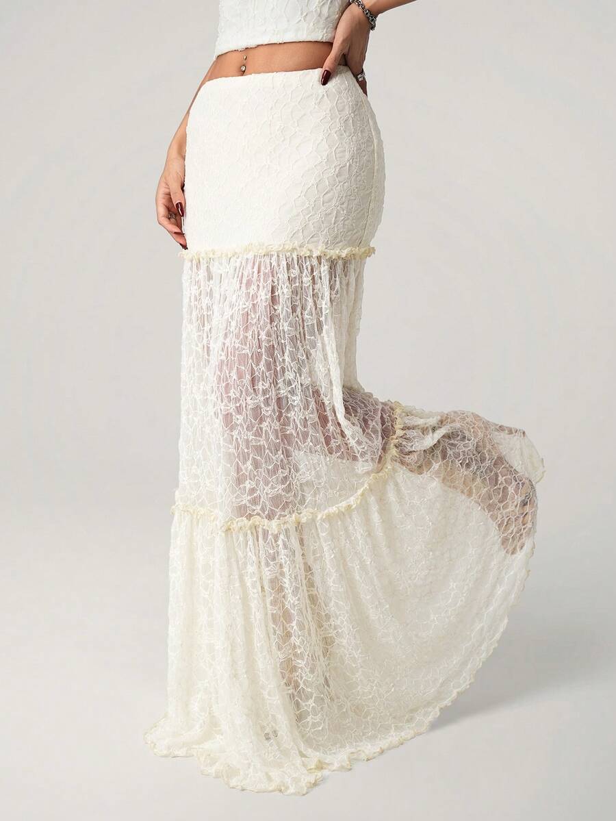 SHEIN ICON Low-Waist Extra-Flared Lace Patchwork Skirt - White - View 1