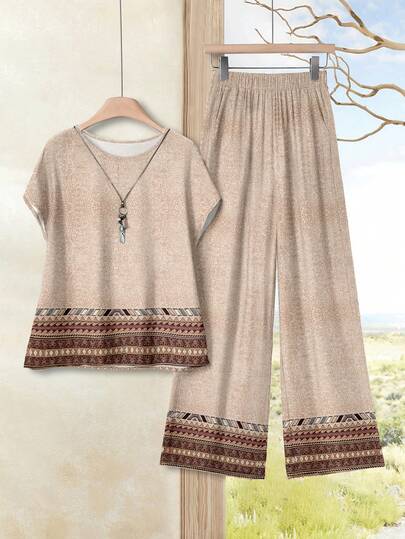 EMERY ROSE Set de 2 piezas con top de cuello redondo casual y pantalones holgados para mujer, conjunto versátil adecuado para primavera y otoño