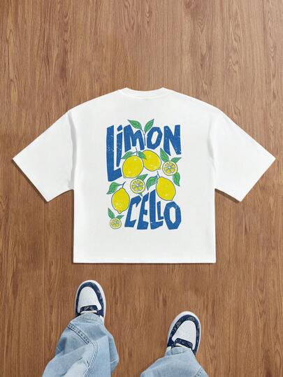 Manfinity Joysei Standard Size Men's Casual Lemon Print White Cropped T-Shirt, Men's Short Top, Suitable For Summer