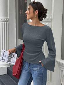 Elenzga 标准尺码女士宽领落肩喇叭袖腰部褶皱印花针织上衣，秋冬款 - 霧霾藍 - 查看 4