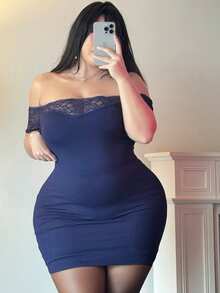 Vibekara Off-Shoulder Lace Bodycon Mini Dress, Sexy Knit Dress - Navy Blue - View 1