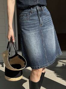 DAZY 女士常规款中腰A字及膝休闲优雅牛仔裙 - 深色水洗藍 - 查看 6