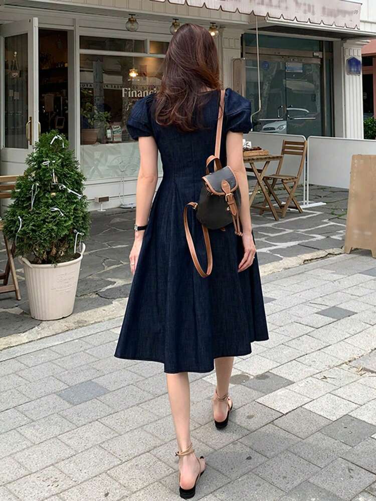 Tall Women's Waist Cinched Long Denim Dress