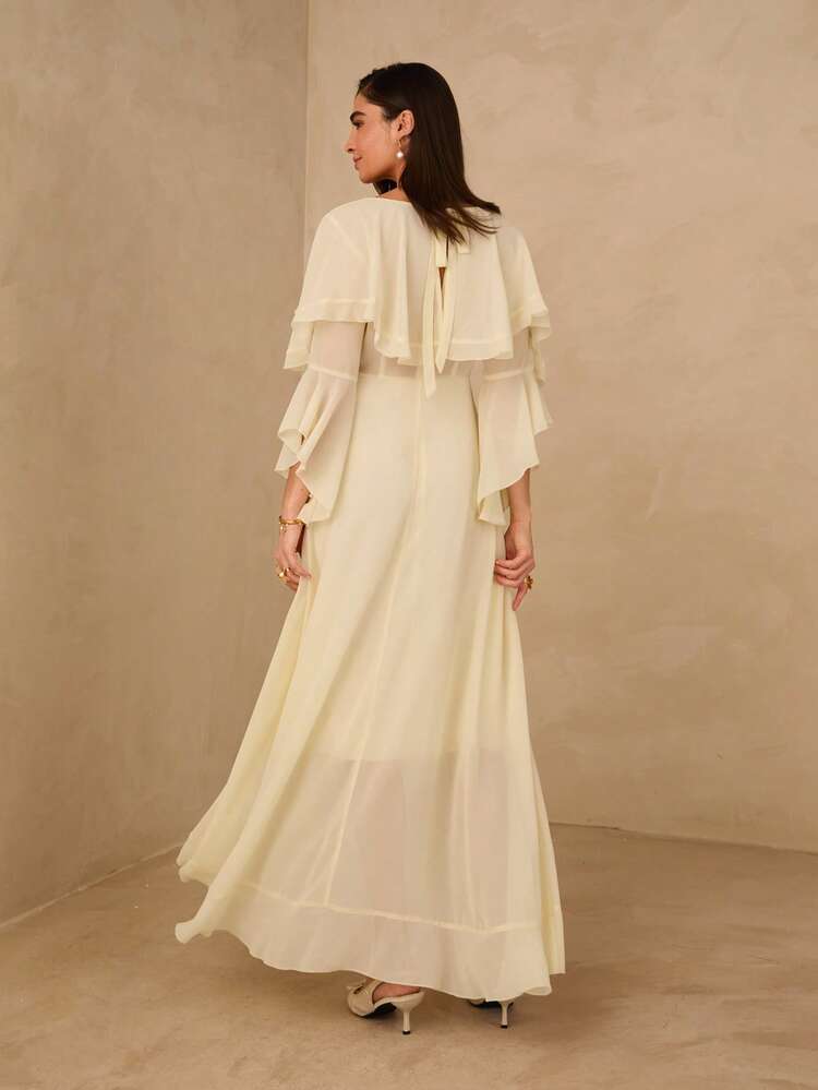 Enchnt Summer Women's A Chic And Romantic French-Style Yellow V-Neck Ruffled Dress, Bohemian Style, Mother's Day Dress, King's Day,Elegant Dresses For Women,Casual Dresses For Women,Festival Outfits For Women,Summer Holiday Outfit, , Vacation & Party Dress. - Apricot - View 2