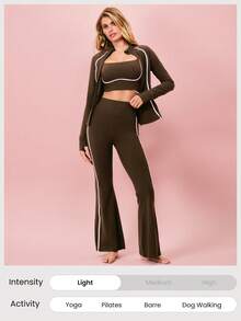 GLOWMODE FeatherFit™ True Potential Slim Fit Contrast Strip Jacket With Thumbholes Side Pockets Low Impact Yoga Pilates Studio Daily Casual Wear - Brown - View 5