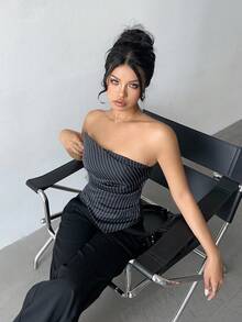 Aloruh 女士秋冬新款通勤日常外出收腰紧身不对称褶皱条纹深灰色上衣 - 深灰色 - 查看 4