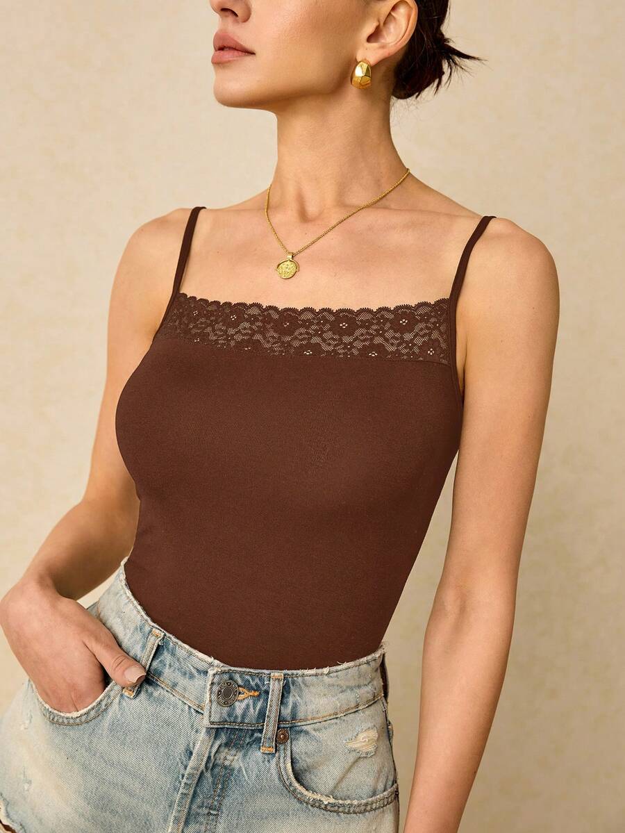 Áo hai dây ren hoa màu trơn dành cho nữ - màu nâu - Xem 1