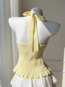 Comfortcana 女士纯棉黄色舒适项链系带撞色蕾丝荷叶边收腰荷叶边下摆上衣，2000 Y2K 优雅欧美风，韩版风格 2026 新款春夏时尚女装，适合海滩度假休闲穿着，浅黄色上衣，奶油黄上衣，黄色娃娃衫上衣，夏季上衣，黄色比基尼吊带上衣，黄色夏季上衣，女士夏季上衣 - 黃色 - 查看 2