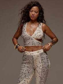 MUSERA Contrast Sequin Crochet Plunge Fitted Crop Top Spring Summer Holiday Vacation Beach Ibiza Festival Party Elegant Divinity - Multicolor - View 5