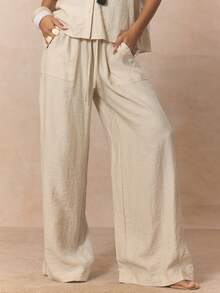 MUSERA Quần ống rộng cạp chun co giãn, có túi, chất liệu vải lanh mềm mại, kiểu dáng suông, chỉ bán riêng quần, dễ thương, thích hợp cho mùa xuân, kỳ nghỉ, nữ tính, mùa hè, phong cách thường ngày. - Màu Khaki - Xem 2