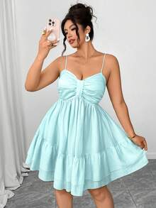 Elenzga Vestido mini de tirantes con falda acampanada de talla grande en azul claro, elegante para el té de la tarde, fiestas con la novia, vacaciones románticas, viajes casuales, ligero y cómodo - Celeste - Ver 5