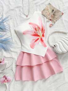 SHEIN 少女碎花针织露肩上衣和百褶裙两件套，优雅时尚的青少年服装，适合派对、圣诞节、情人节、约会、海滩、邮轮、狂欢节、复活节和其他夏季场合。 - 粉色 - 查看 1