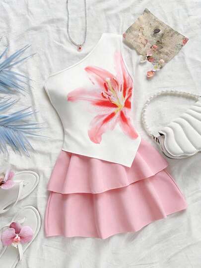 SHEIN 少女碎花针织露肩上衣和百褶裙两件套，优雅时尚的青少年服装，适合派对、圣诞节、情人节、约会、海滩、邮轮、狂欢节、复活节和其他夏季场合。