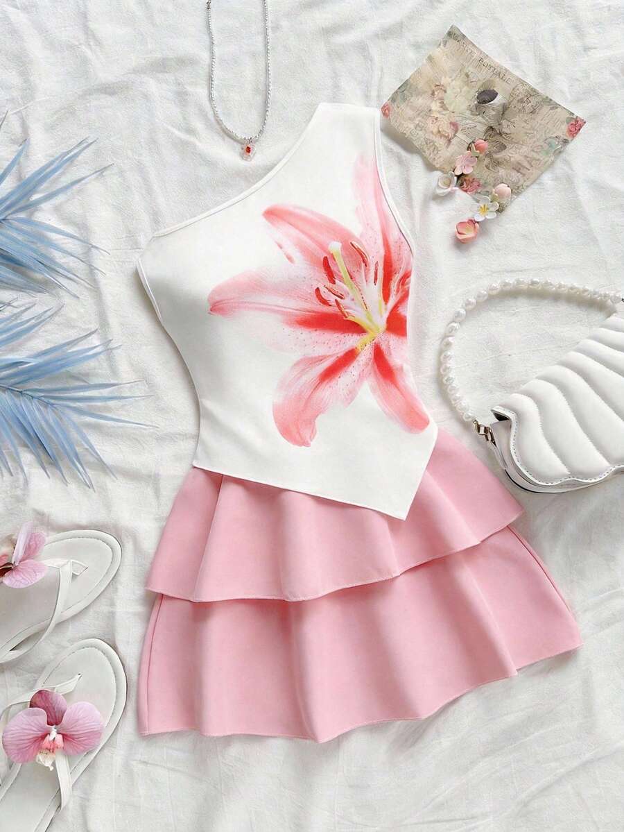 SHEIN 少女碎花针织露肩上衣和百褶裙两件套,优雅时尚的青少年服装,适合派对、圣诞节、情人节、约会、海滩、邮轮、狂欢节、复活节和其他夏季场合。 - 粉色 - 查看 1