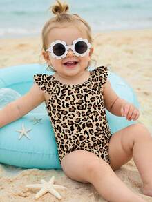 SHEIN Baby Girls Leopard Print Slim Fit One-Piece Swimsuit, Casual & Minimalist Design, Suitable For Summer - Multicolor - View 5