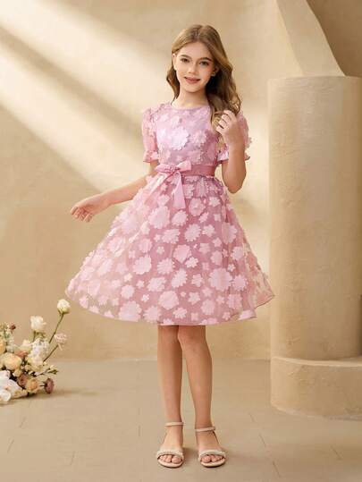 Tween Girl 3D Floral Round Neck Petal Sleeve Waist Tie Bow Flare Short Dress, Suitable For Wedding, Prom, Birthday Party, Banquet