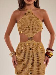 SHEIN BAE Vestido Casual com Paetês Sem Costas para Férias na Praia para Mulheres - Dourado - Visão 6