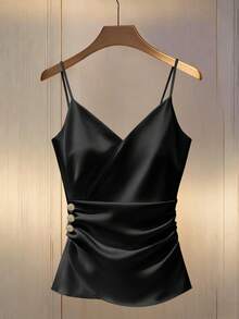 Franclia 性感细肩带荷叶边金属扣装饰修身吊带背心 - 黑色 - 查看 3