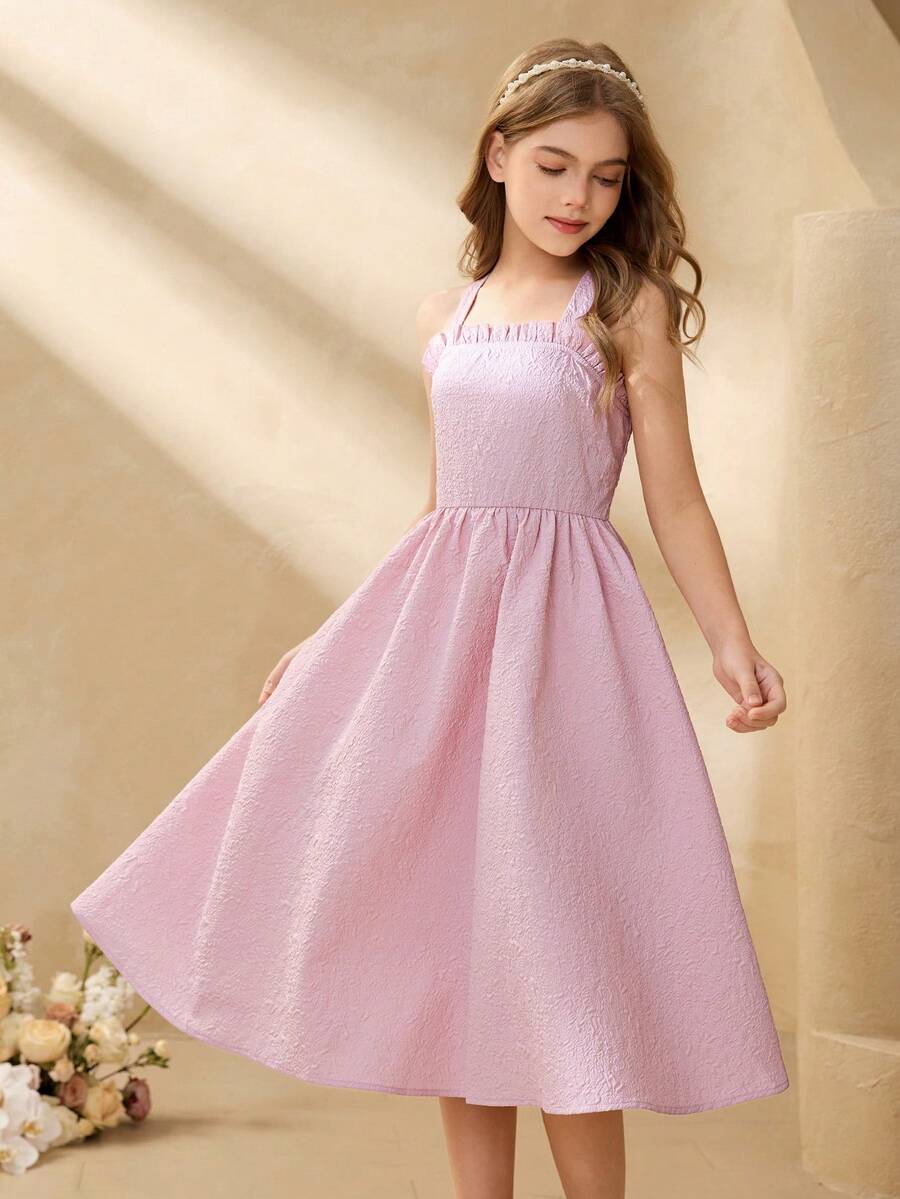 Tween Girl Jacquard Design Frill Trim Elegant Camisole Dress - Pink - View 1