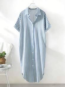 Franclia Women's Casual Woven Striped Loose Fit Drop Shoulder Long Sleeve Shirt Dress - Blue and White - View 1