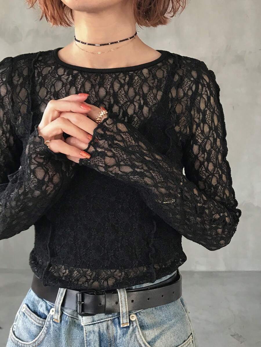 FRIFUL Women's Slim Fit Lace Blouse, Round Neck Long Sleeve, Sheer Textured Fabric, Casual Versatile For Holiday, Beach - Black - View 1