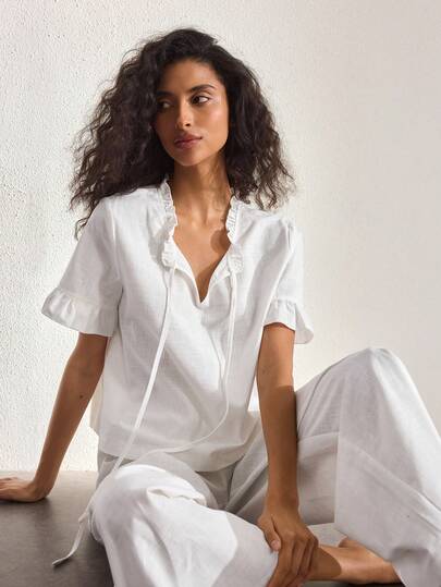 Ocili Women's Frill Trim Short Sleeve Top And Pants Pajama Set