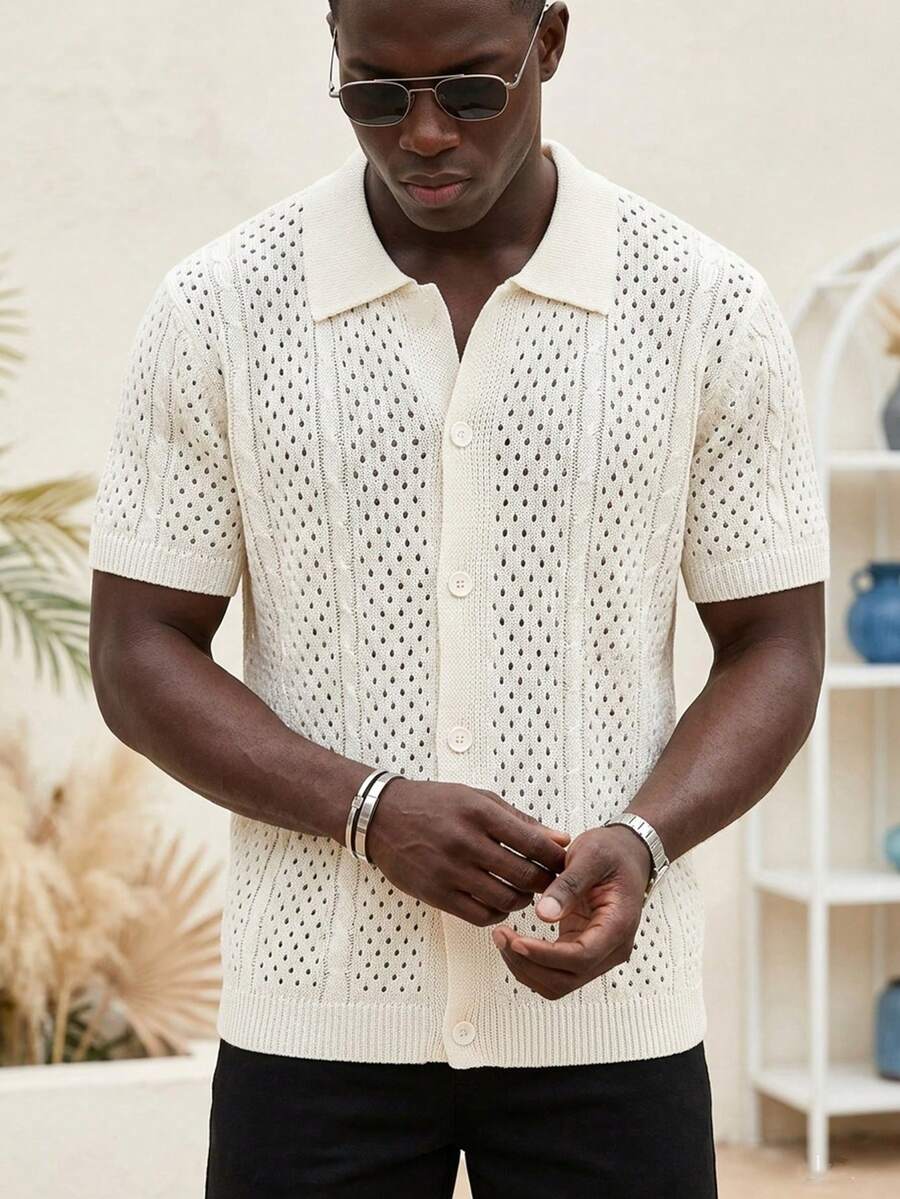 Manfinity Homme 男士纯色镂空短袖单排扣休闲针织衫 男士钩针衬衫 白色蕾丝男士衬衫 开襟针织衬衫 - 杏色 - 查看 1