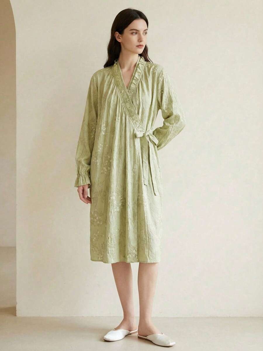 Cirelle Áo choàng tắm nhuộm hoa Ins Style – Áo choàng ngủ dài ngọt ngào, nhẹ nhàng, thích hợp mặc ở nhà vào mùa xuân/hè, mềm mại và ấm cúng để thư giãn tại nhà và spa. - Nhiều màu - Xem 1