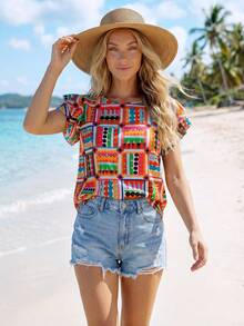 Sylviya 女士休闲纹理荷叶袖度假花卉衬衫 - 彩色 - 查看 3