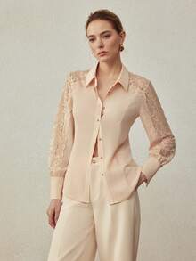 MOTF PREMIUM ELEGANT CONTRAST LACE FITTED BLOUSE, SPRING/SUMMER - Coral Pink - View 5