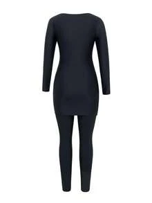 Swim Mulvari 女士中东风情黑色两件套布基尼泳衣，长袖上衣搭配紧身裤，腰部饰有金属装饰，款式端庄显瘦，休闲沙滩度假泳装 - 黑色 - 查看 7
